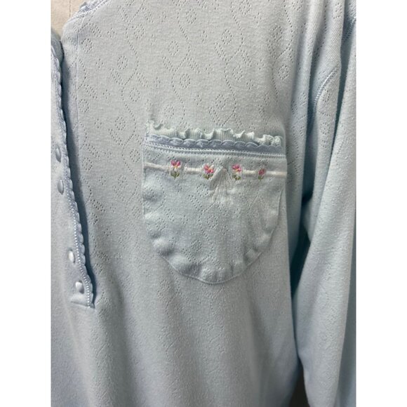 VTG Amanda Stewart Intimates Light Blue Nightgown Long Sleeve Floral Pocket Lrg - Picture 2 of 8